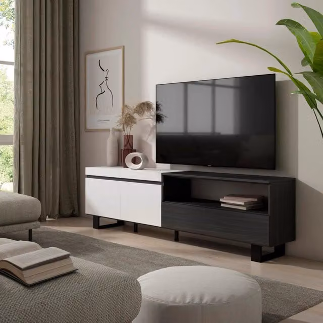 Mobile TV, 200x35x57cm, soggiorno, Per TV fino a 80", Design industriale, Bianco e nero RF2209