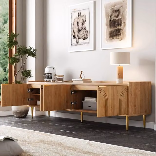Mobile TV in MDF con porte strutturate e dettagli dorati, 170x35x47,5 cm, colore naturale
