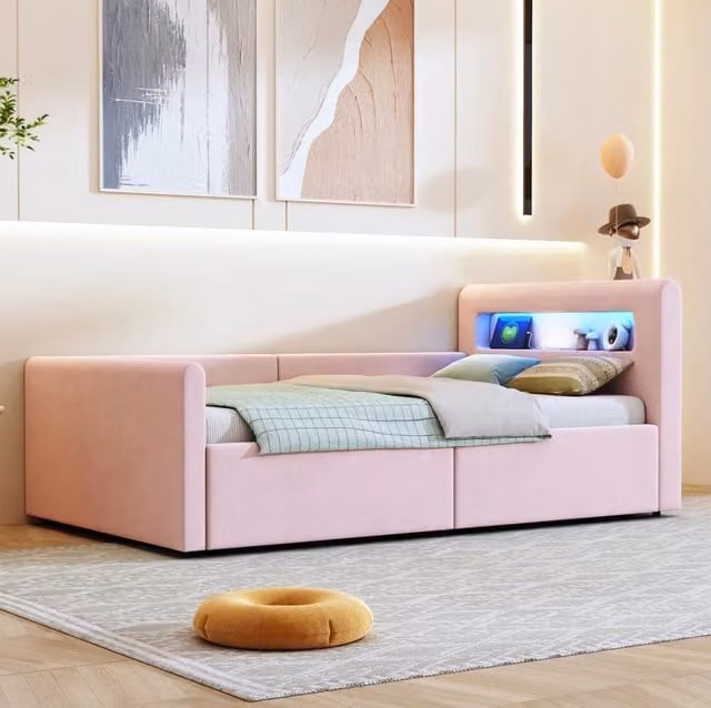 Letto singolo imbottito per bambini 90x200 cm con luce LED, porta USB e contenitore idraulico rosa in velluto