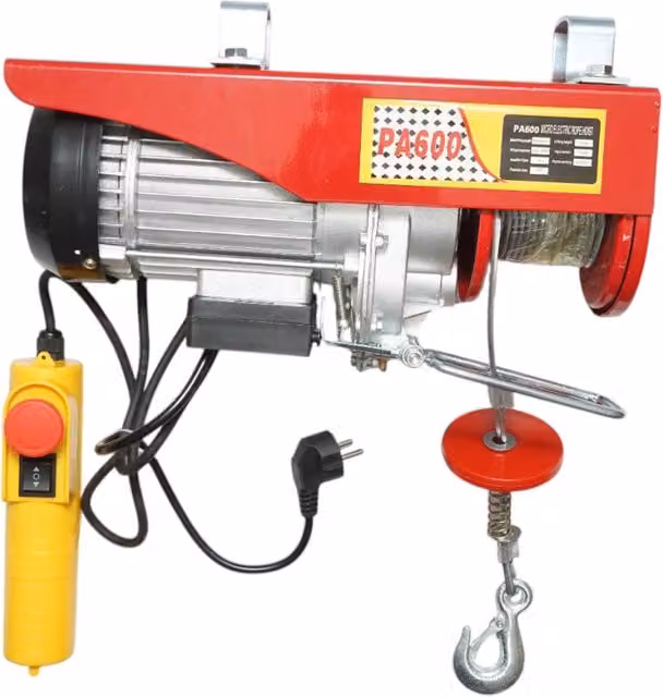 Paranco elettrico rosso con motore da 1150W, carico massimo 300/600kg, velocità 5-10m/min e altezza di sollevamento 6-12m, 220V/50Hz IP40 – 1