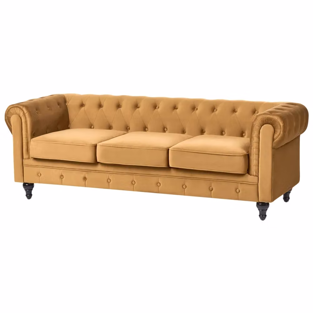 Divano Chesterfield Beliani a 3 posti in velluto dorato con gambe in legno nero L: 204 cm, P: 81 cm, H: 70 cm – 2