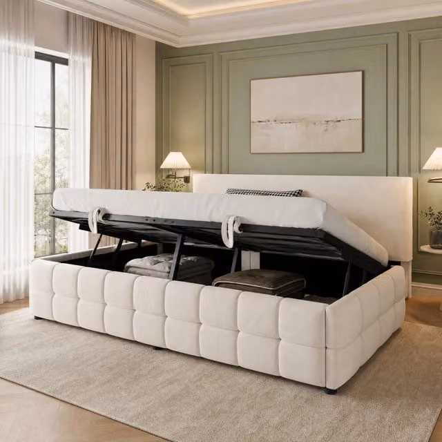 Letto Contenitore REDOM in Velluto Beige con Base Lift Up L/P/H: 90 x 200 x 33 cm