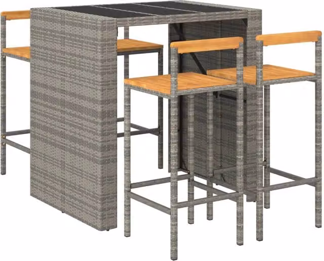Set bar da giardino Outsunny composto da 5 pezzi in poly rattan grigio e legno massello di acacia per esterno e terrazzo