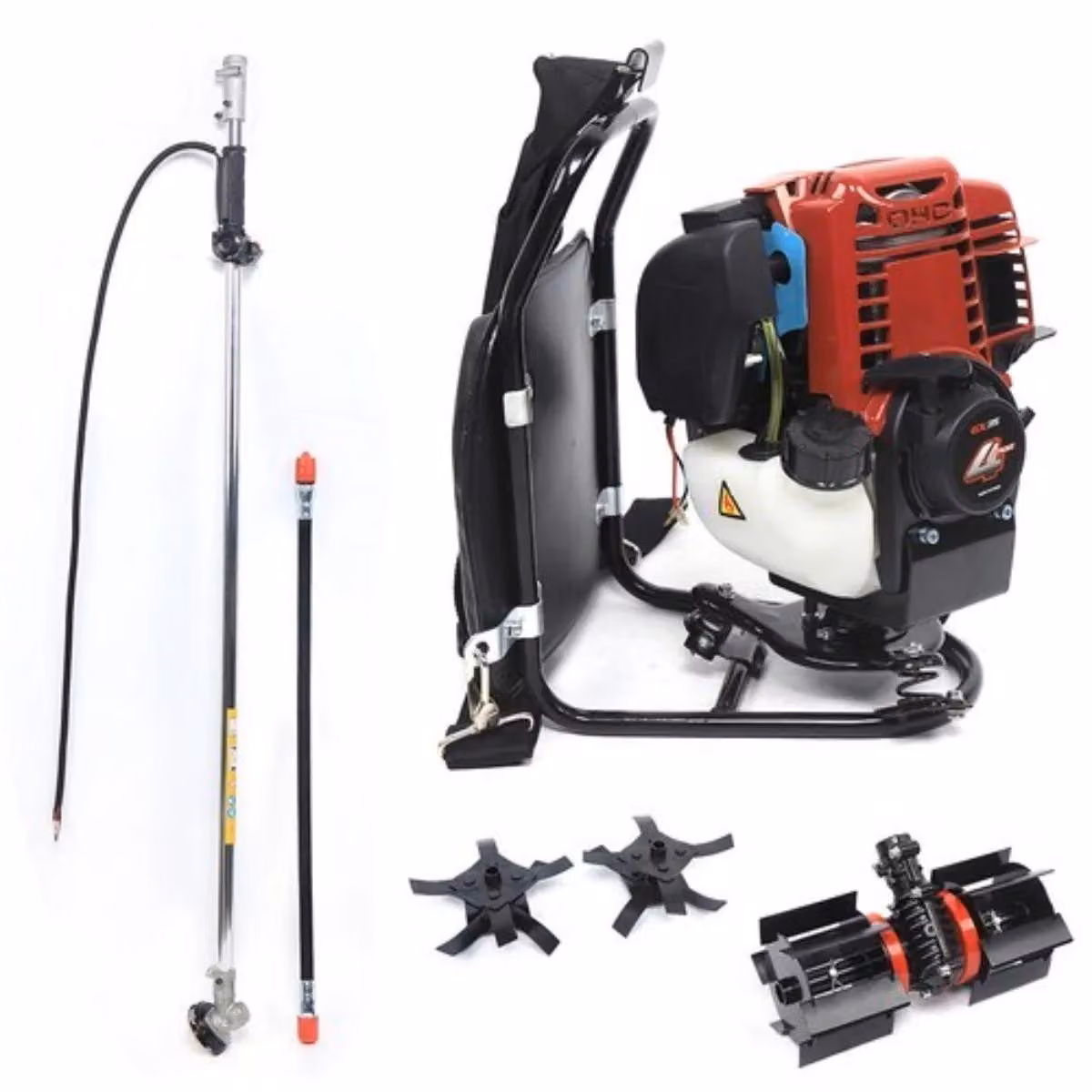 Decespugliatore a zaino - Motore a 4 tempi - Multifunzione con mini-zappaterra - Telaio con ammortizzatori - Sostegni lombari in metallo - Leggero - Colore: rosso