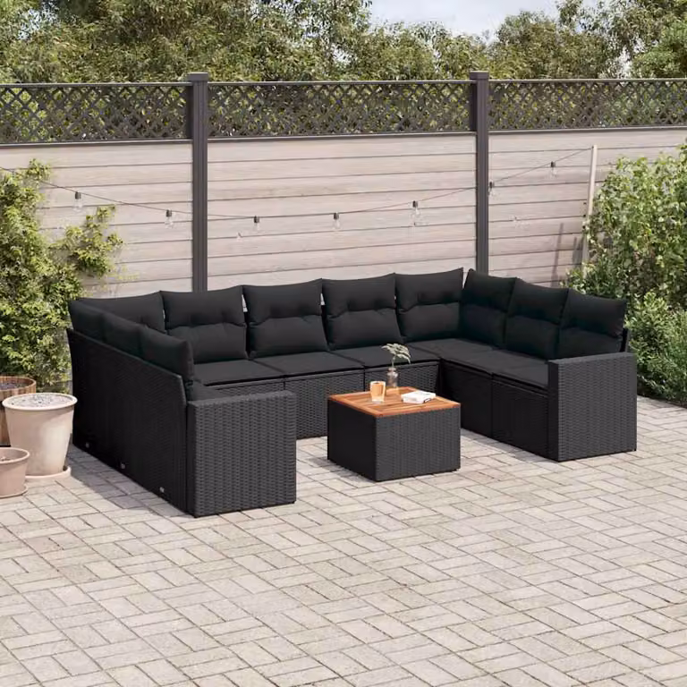 Set di Divani da Giardino vidaXL 10 Pezzi in Polyrattan Nero con Cuscini e Tavolino da Esterno a Forma di U