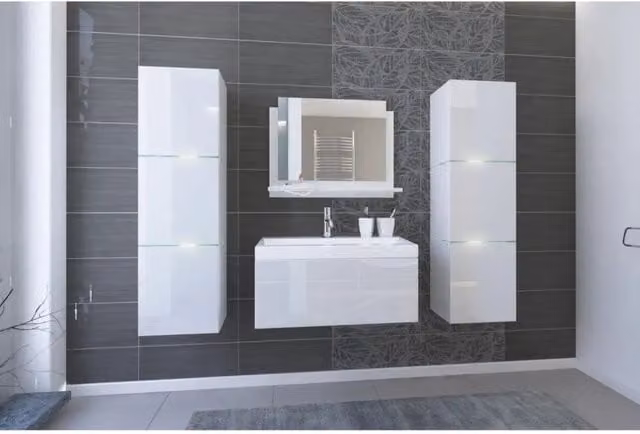 Set mobili da bagno bianchi, collezione OWL. 2 colonne, mobile sotto lavabo, lavabo