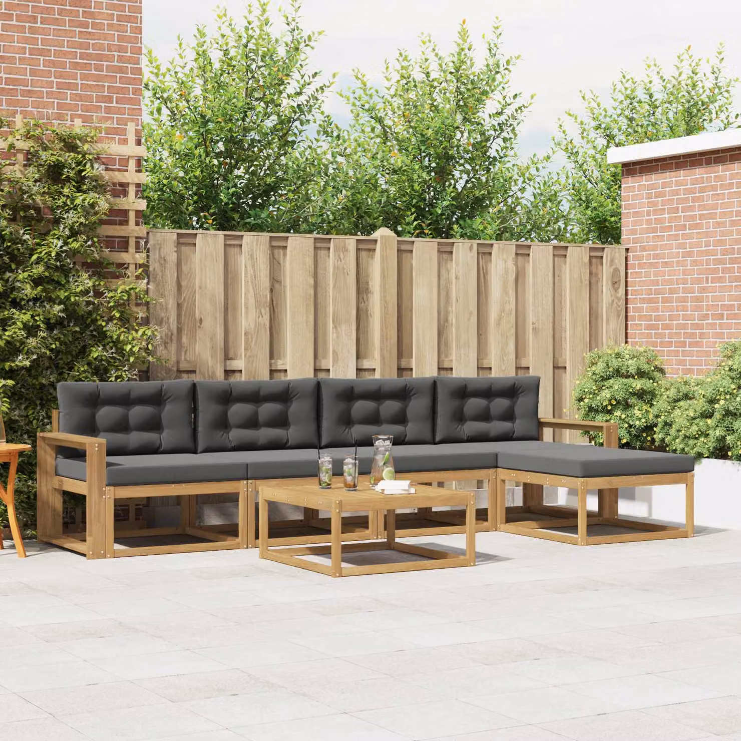 Set di divani da esterno vidaXL a forma di L composto da 6 pezzi con tavolo da caffè, pouf e cuscini, in legno di acacia e tessuto resistente ai raggi UV, colori bianco, antracite e marrone
