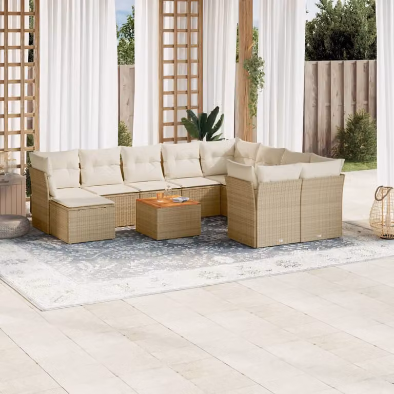vidaXL Set Divani da Giardino 11 pz in Polyrattan con Cuscini Beige e Tavolino da Esterno