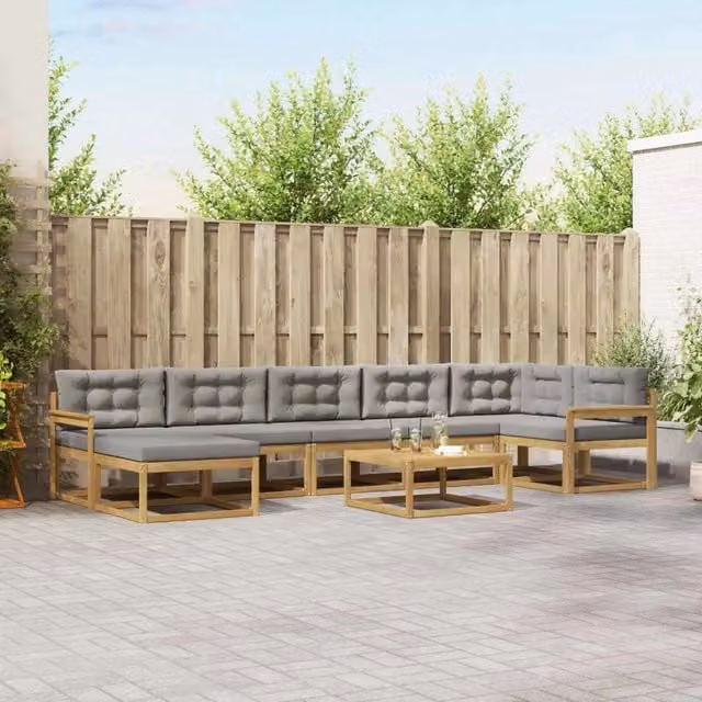 Set di divani da esterno vidaXL a forma di L composto da 8 pezzi in legno di acacia con cuscini inclusi, colore bianco e grigio