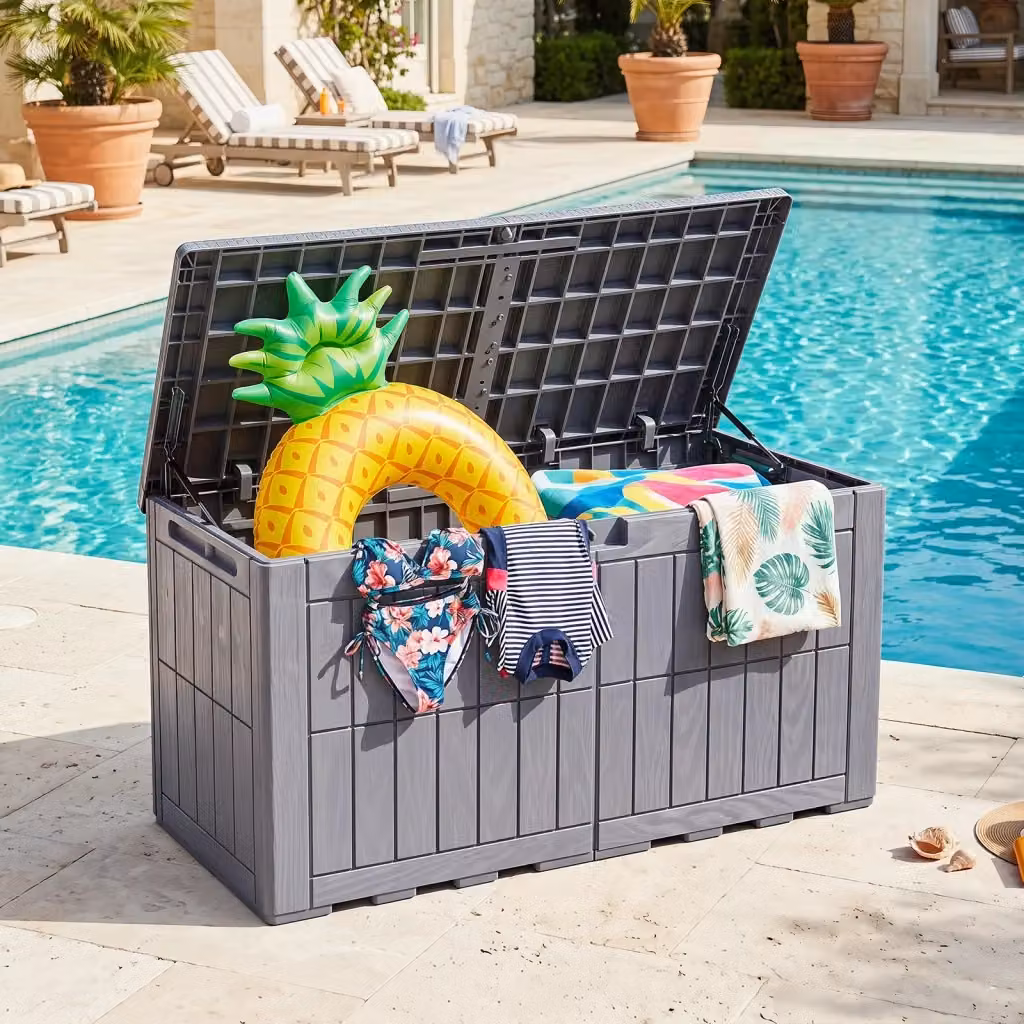 Cassapanca contenitore antintemperie con coperchio e serratura per giardino e soggiorno, Marrone scuro, Capacità 380/455L – 2