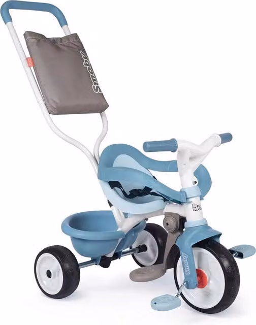 Triciclo per bambini blu con maniglia di spinta e altezza regolabile in metallo