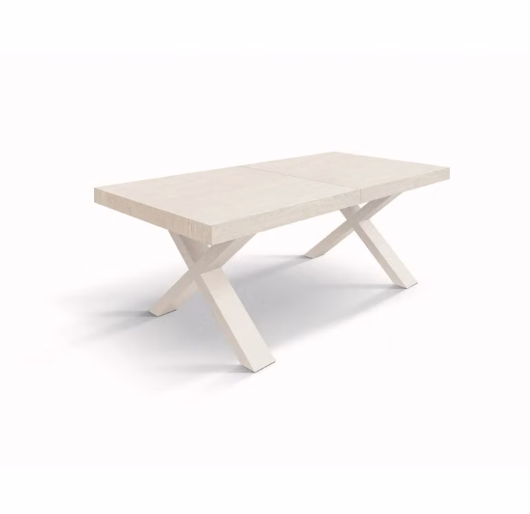 Tavolo allungabile AMALFI in legno effetto bianco frassinato e gambe a X bianche, allungabile 160×90 cm – 240×90 cm