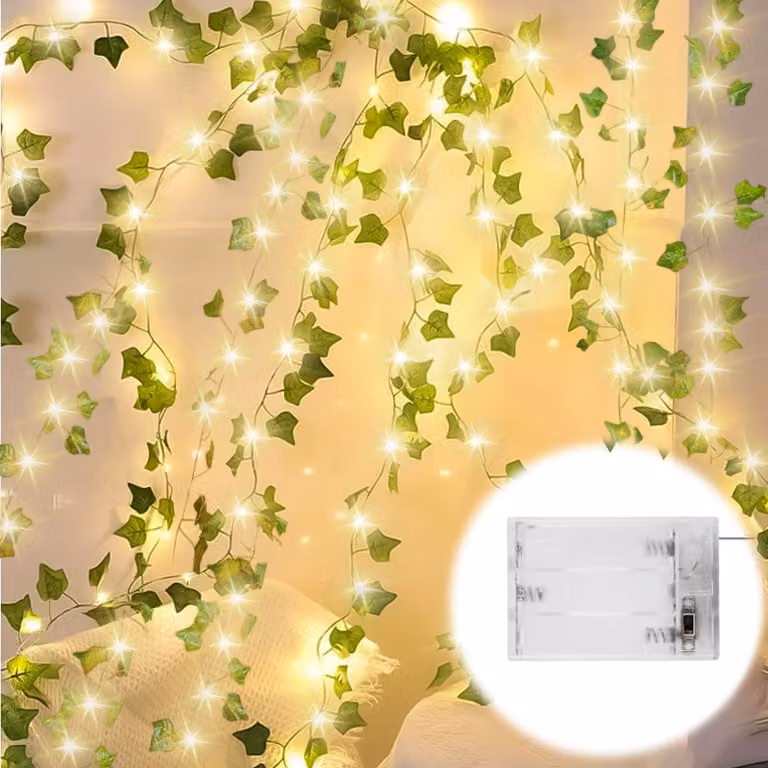 Catena luminosa a forma di edera artificiale, lunghezza 5 metri, 50 LED, alimentazione a batteria, confezione da 2 pezzi