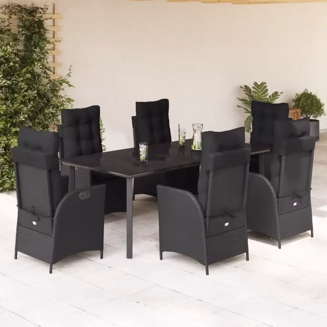 Set da pranzo da giardino vidaXL in polyrattan nero con tavolo in vetro e 7 pezzi – 1