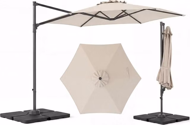 Ombrellone da giardino decentrato con manovella e rotazione a 360 gradi, colore beige, diametro 300 cm, con base a croce e sacchi di sabbia