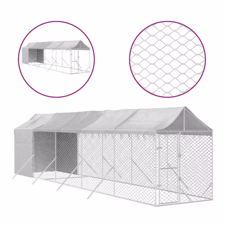 Cuccia Cani da Esterno Tetto Argento 2x10x2,5 m Acciaio Zincato