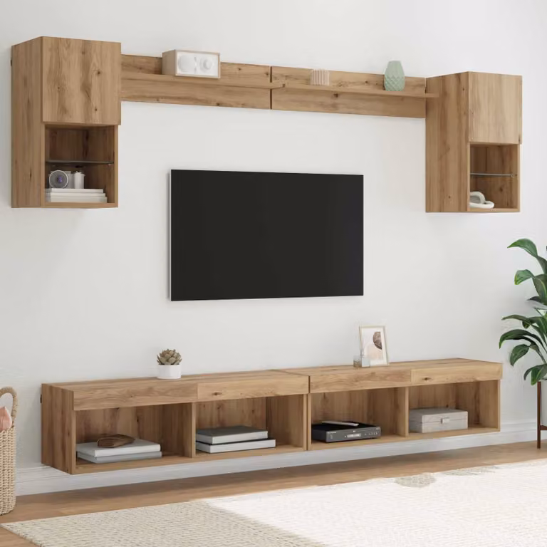 Unità a muro per TV moderna vidaXL con illuminazione LED integrata, Rovere artigianale, Marrone