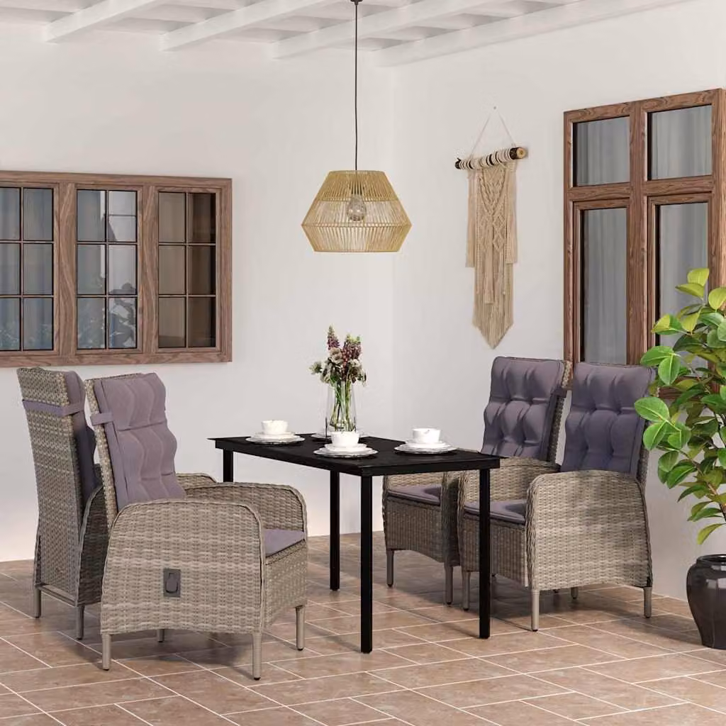 Set da pranzo da giardino vidaXL in polyrattan con tavolo in vetro e 5 sedie con cuscini, Grigio e Nero