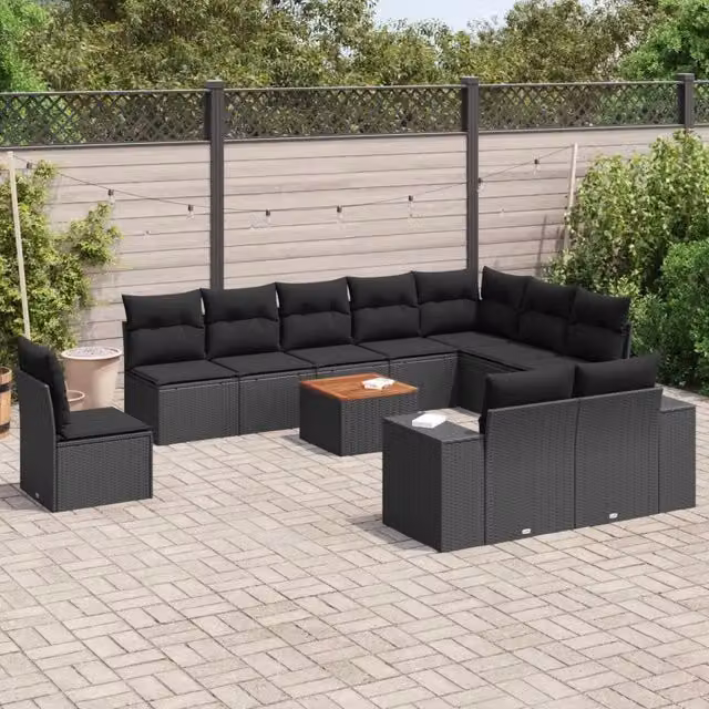 Set di divani da giardino VIDAXL in polyrattan nero con cuscini, 11 pezzi