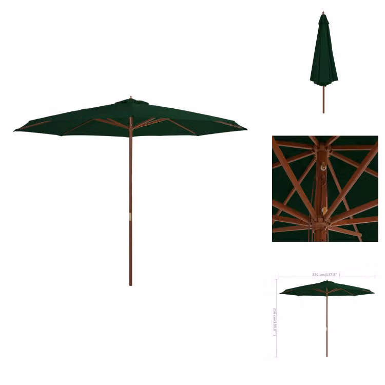 vidaXL Ombrellone con asta in legno 350 cm verde - Ombrelloni e tende da sole