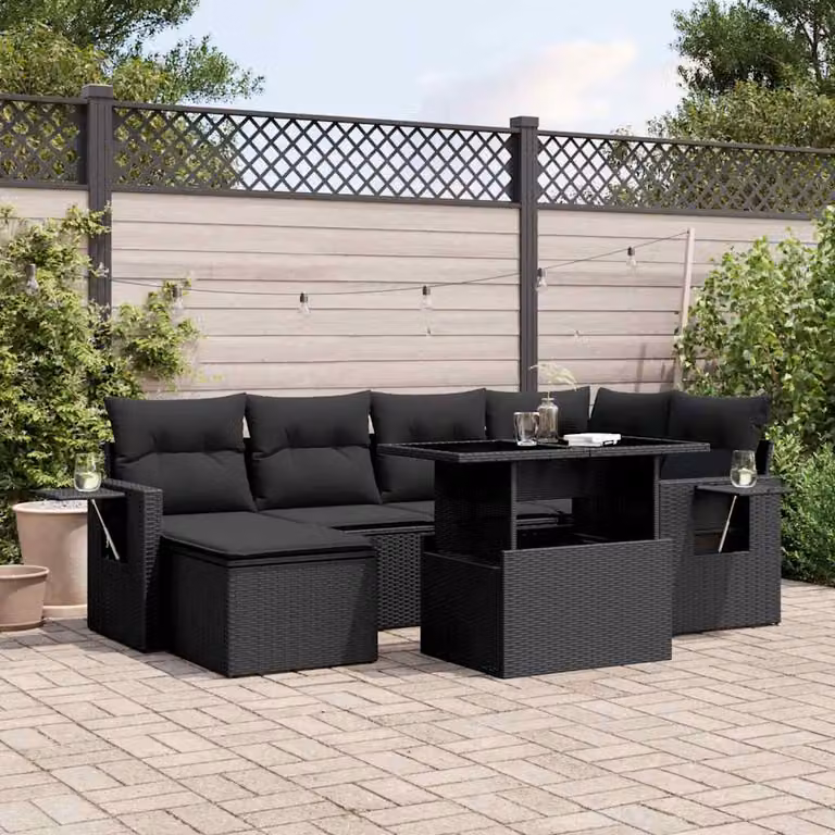 vidaXL Set Divani da Giardino a L con Cuscini 7pz Nero Polyrattan
