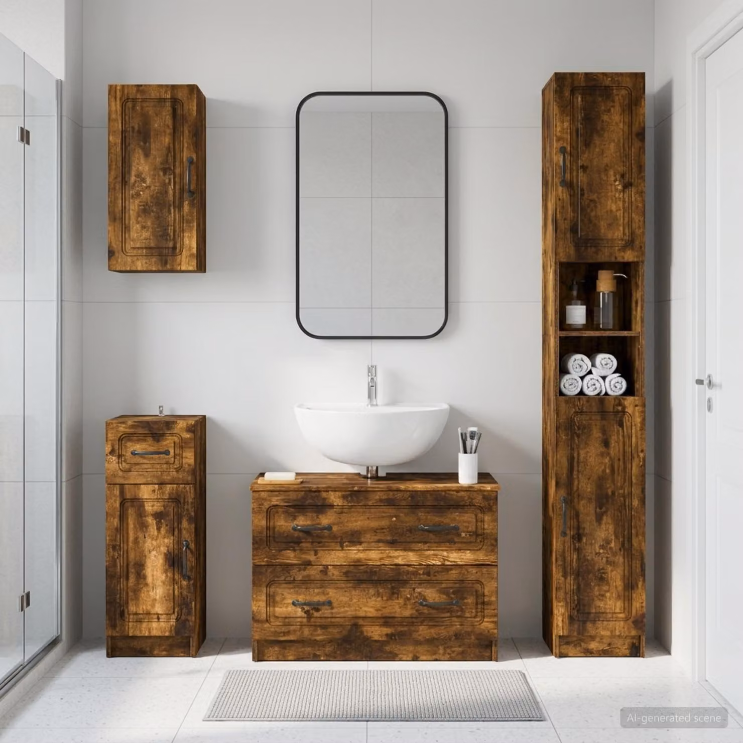 Set di mobili da bagno moderno vidaXL UTRECHT in legno Rovere Fumo marrone composto da 4 pezzi con base lavabo e pensili