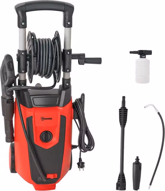 Idropulitrice Alta Pressione Outsunny 1800W con Angolo Regolabile e Stop Automatico Rosso Nero L/P/H: 30 x 27,5 x 76 cm