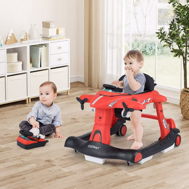 Costway Camminatore pieghevole a tema aeroplano 6 in 1 con altezza regolabile a 3 livelli, Rosso