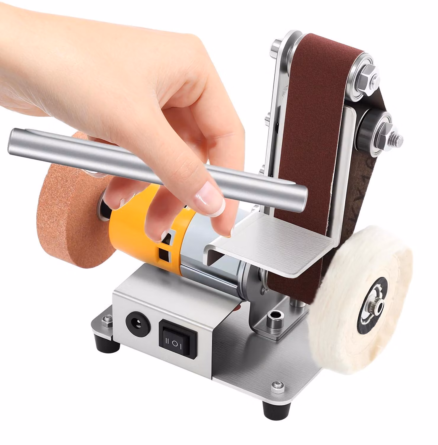 Mini levigatrice a nastro, acciaio inossidabile 304, 15×12×18 cm, alimentazione a rete, motore da 775 W, 4000-9000 giri/min