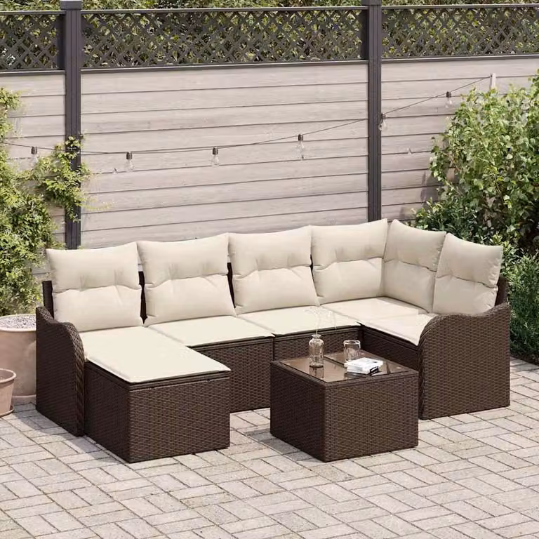 Maison Exclusive - Set Divano da Giardino 7 pcs Marrone e bianco Poly Rattan