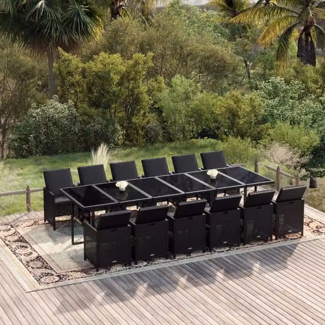 Set da pranzo da giardino vidaXL in polyrattan nero con tavolo in vetro e 13 pezzi