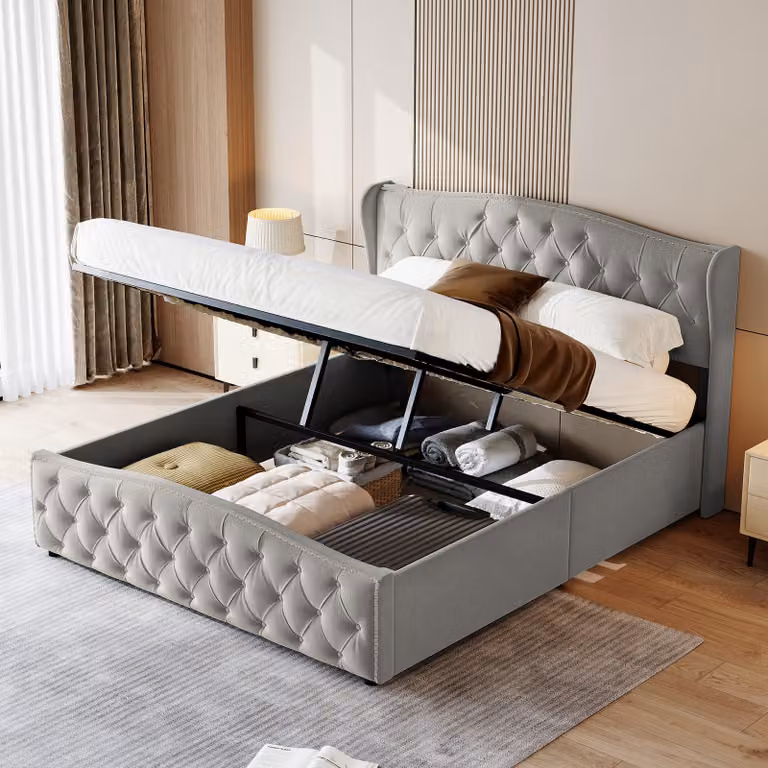 CDGlobal letto imbottito 160x200cm con rete a doghe, letto a molle idrauliche con rete e contenitore, letto contenitore in velluto letto matrimoniale letto per ragazzi