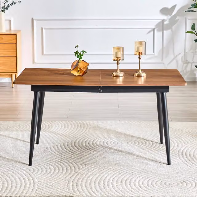 Tavolo da pranzo rettangolare con piano effetto legno e gambe in metallo; walnut