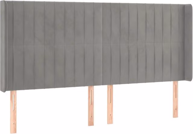 Testata del letto ad orecchio in velluto grigio chiaro con struttura in legno e MDF, L: 183 cm, P: 16 cm, H: 118/128 cm – 1