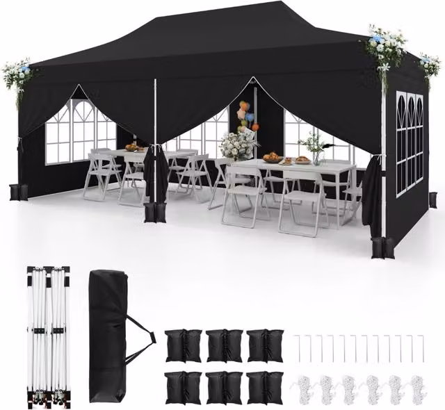 Gazebo pop-up con 6 pareti laterali e ingressi con cerniera, Gazebo istantaneo portatile per festa e picnic 3 x 6 m Nero