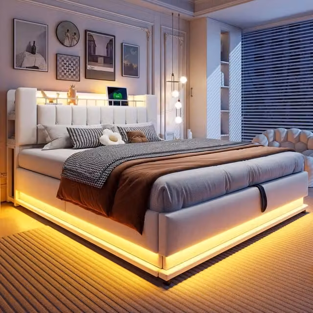 Letto contenitore matrimoniale OKWISH in velluto beige con illuminazione LED, porte USB e vano testiera, L/P/H: 180 x 200 x 59 cm
