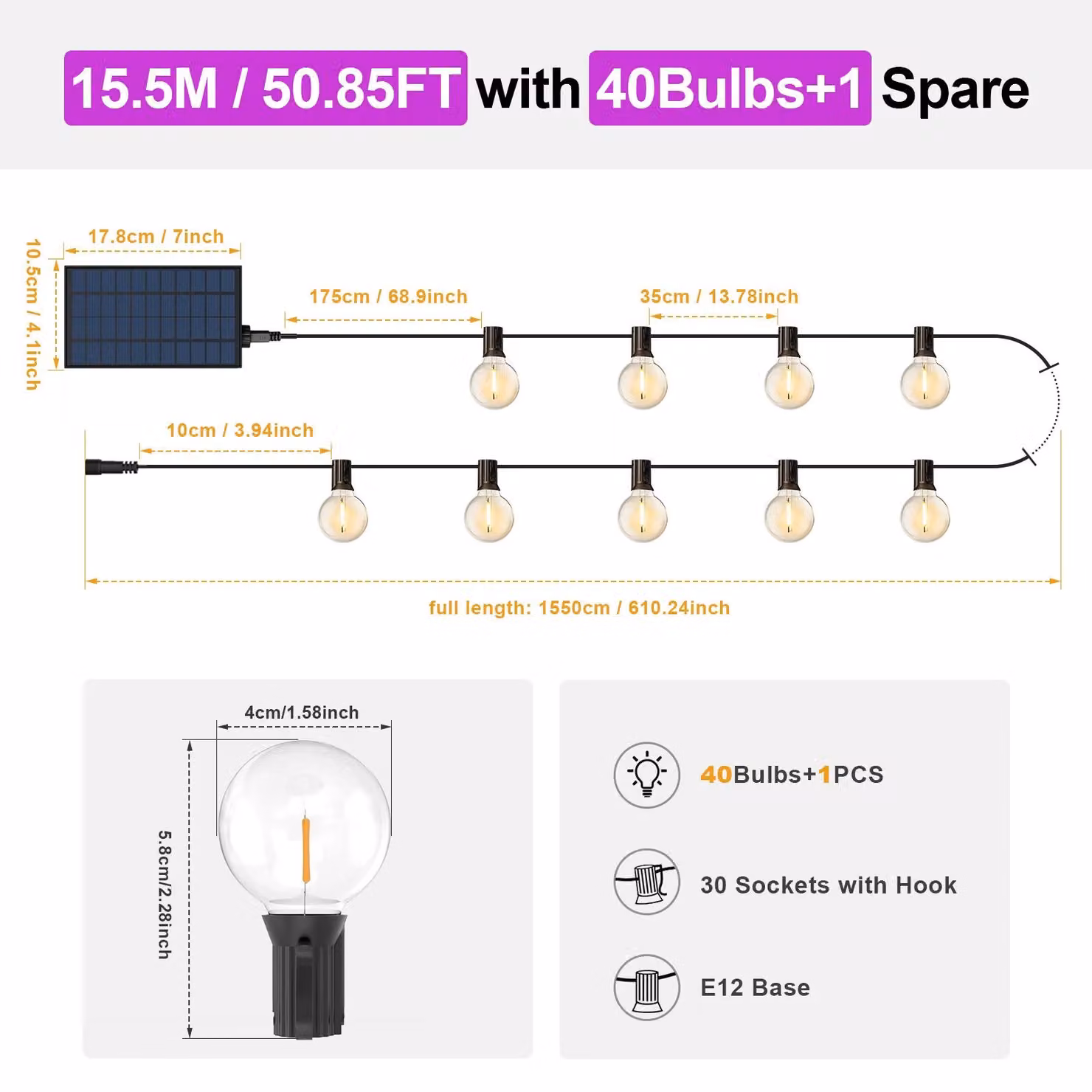 Catena luminosa solare con lampadine LED - Modello G40 - Lunghezza 15,5 metri - 41 lampadine LED - Telecomando - Intensità regolabile - Resistente all'acqua (grado di protezione IP65)