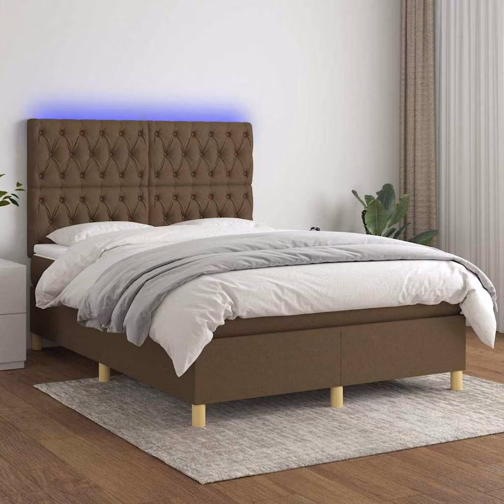 Letto Ibrido con Materasso e Illuminazione LED vidaXL in Tessuto Marrone Scuro L/P/H: 140 x 190 cm – 1