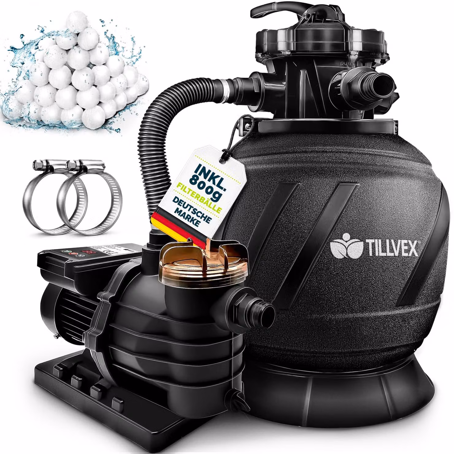 Impianto di filtrazione a sabbia Tillvex per piscina con timer 10 m³/h, incl. 800 g di sfere filtranti AquaBlack Pro | Impianto di filtrazione con valvola a 7 vie e adattatore 2 in 1 Ø 32 mm - 38 mm | Filtro per piscina con manometro | Filtro a sabbia per