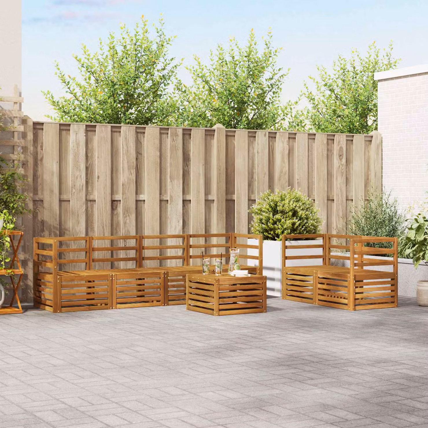 Set di divani da esterno vidaXL 7 pz a forma di U in legno di acacia massello marrone con cuscini inclusi