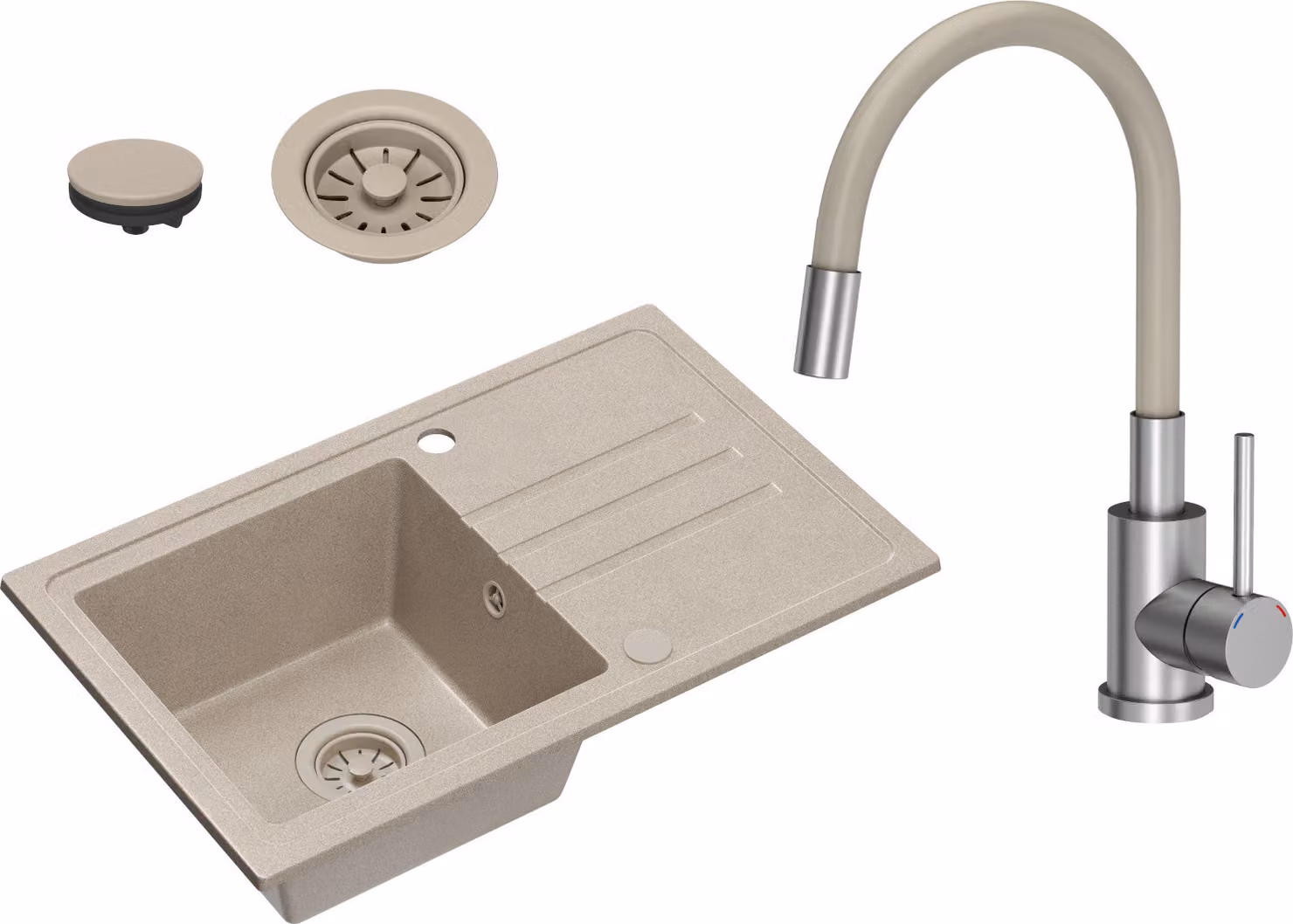 VBChome Lavello in granito beige con rubinetteria 70 x 44 cm Lavello da incasso a vasca singola Maculato Reversibile Lavello in granito beige Sifone Lavabo beige Rubinetteria con bocca flessibile