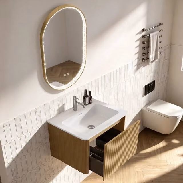 Set mobile bagno sospeso con lavabo integrato e specchio LED ovale