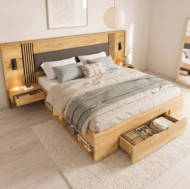 Letto matrimoniale 180x200 cm con cassetto; vani portaoggetti e comodini; MDF naturale