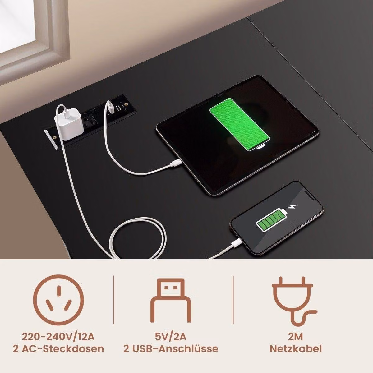 Scrivania ad angolo a forma di L con prese e amp; Porte USB 120 x 120 x 75 cm nere