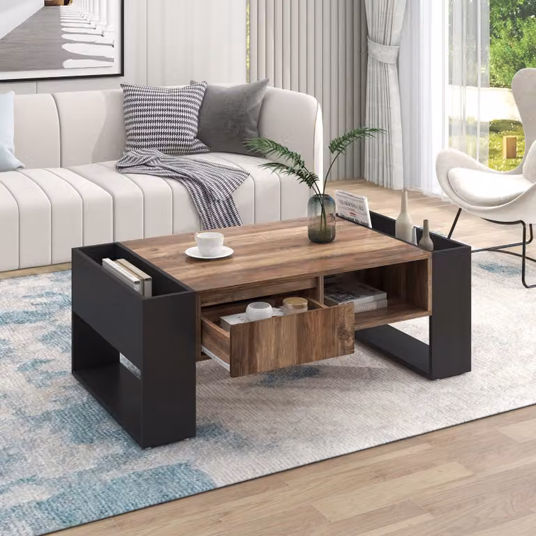 Tavolino con venature del legno- Tavolino con cassetto e vani portaoggetti su entrambi i lati per la zona giorno- 100 x 54 x 60 cm (L/A/D)
