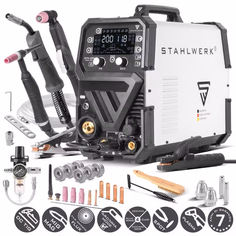STAHLWERK Saldatrice ad arco schermato a gas 6-in-1 Combi CTM-250 Puls Pro - TIG, MIG/MAG, MMA (MMA) e FLUX fino a 200 A, tagliatore al plasma (CUT) fino a 45 A