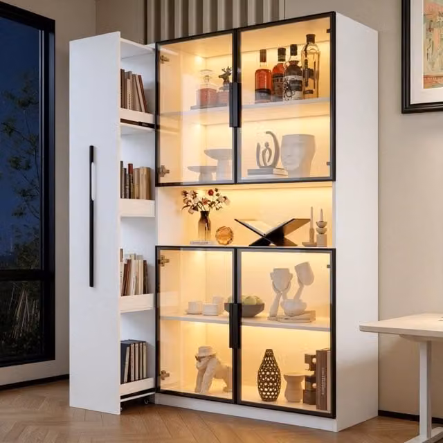 Vetrina in vetro 110x35x160 cm, bianca con illuminazione LED, ripiani estraibili e cassetti. Mobile verticale per soggiorno, cucina e studio.