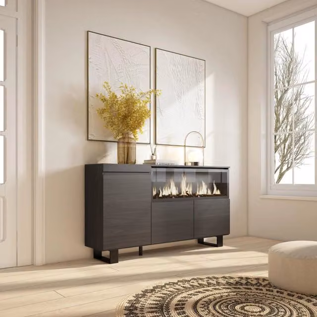 Credenza, Mobile, 158x35x87cm, 3 Porte, Camino elettrico XXL, Design industriale, Nero RF3285
