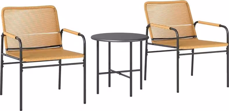 Set da bistrot in rattan da 3 pezzi, salottino da giardino, set da giardino con 2 poltrone da giardino, tavolino da caffè, set di mobili da balcone per giardino e terrazza, acciaio, giallo