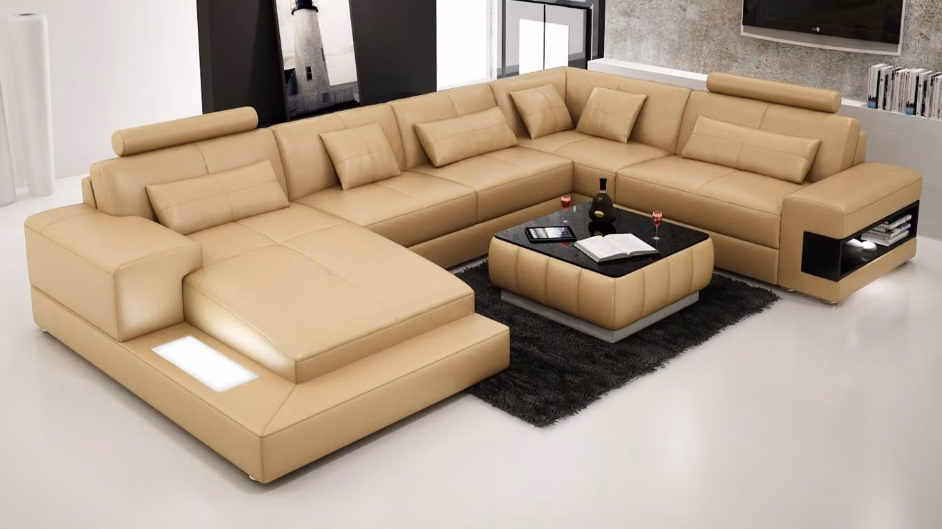 Ecksofa Ledersofa Polster Wohnlandschaft Couch Sofa Eckgarnitur U-Form Beige